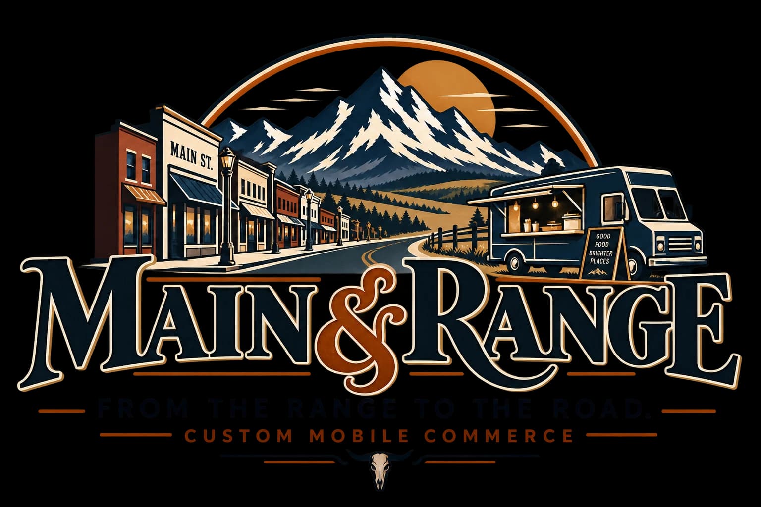 Main & Range illustrated with Wyoming mountains, Main Street storefronts, and a food truck. From the range to the road.